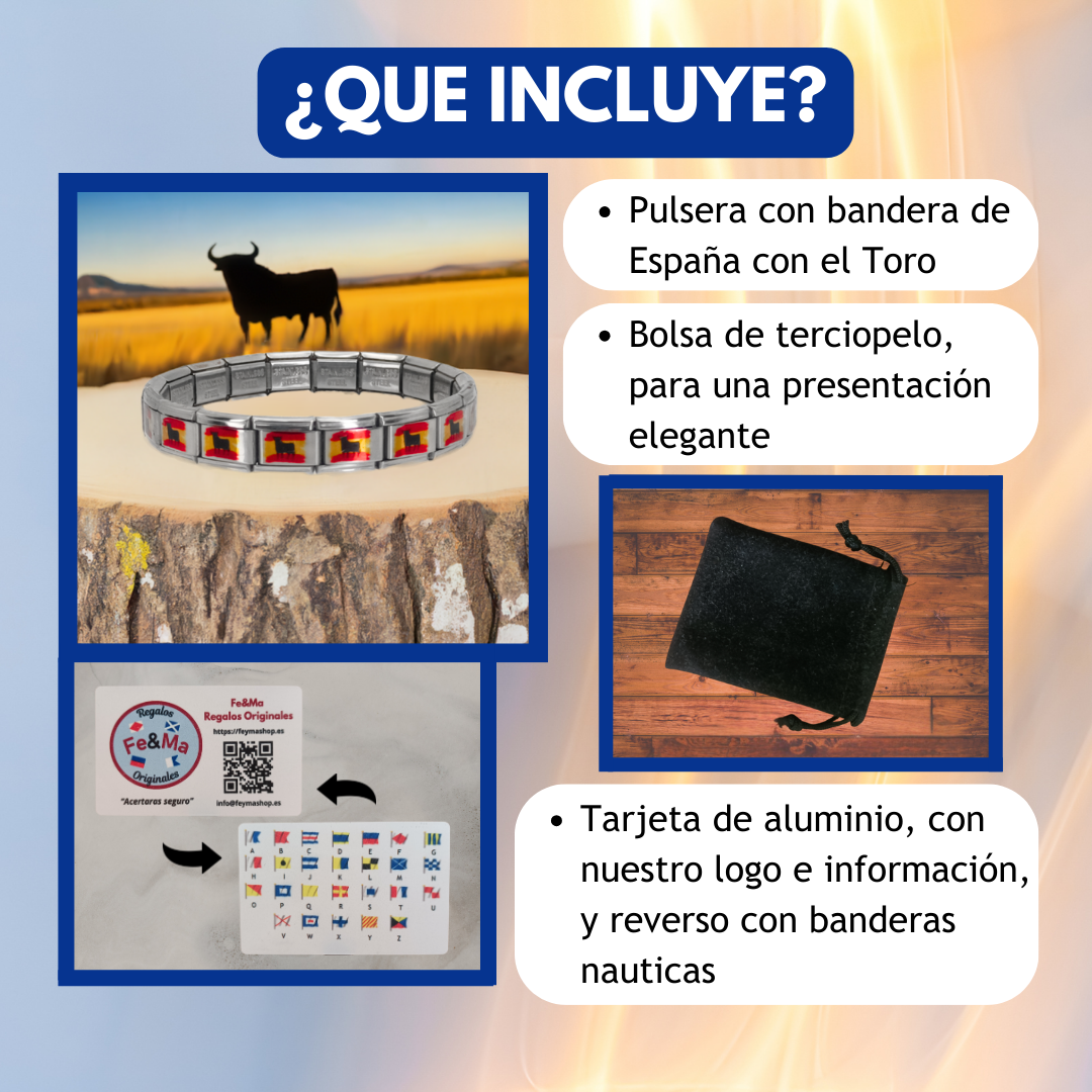 Pulsera con la Bandera de España con Toro – Acero Inoxidable, Regalo Icónico de Identidad Española
