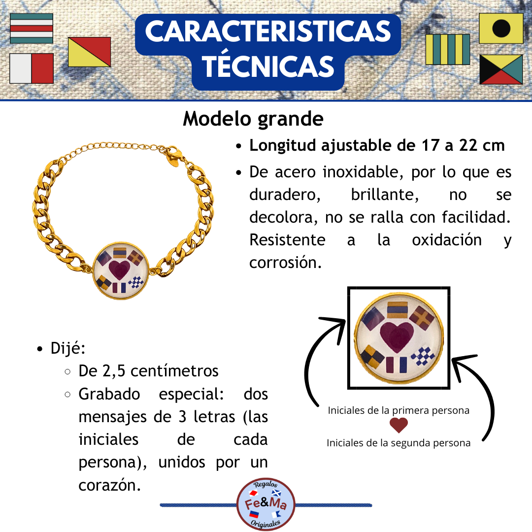 Set de Pulseras Dúo de Medallones Personalizados con Nombres en Banderas Náuticas - Grabado de Iniciales y Corazón