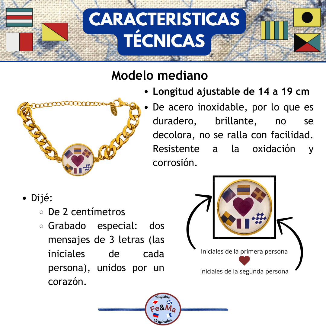 Set de Pulseras Dúo de Medallones Personalizados con Nombres en Banderas Náuticas - Grabado de Iniciales y Corazón