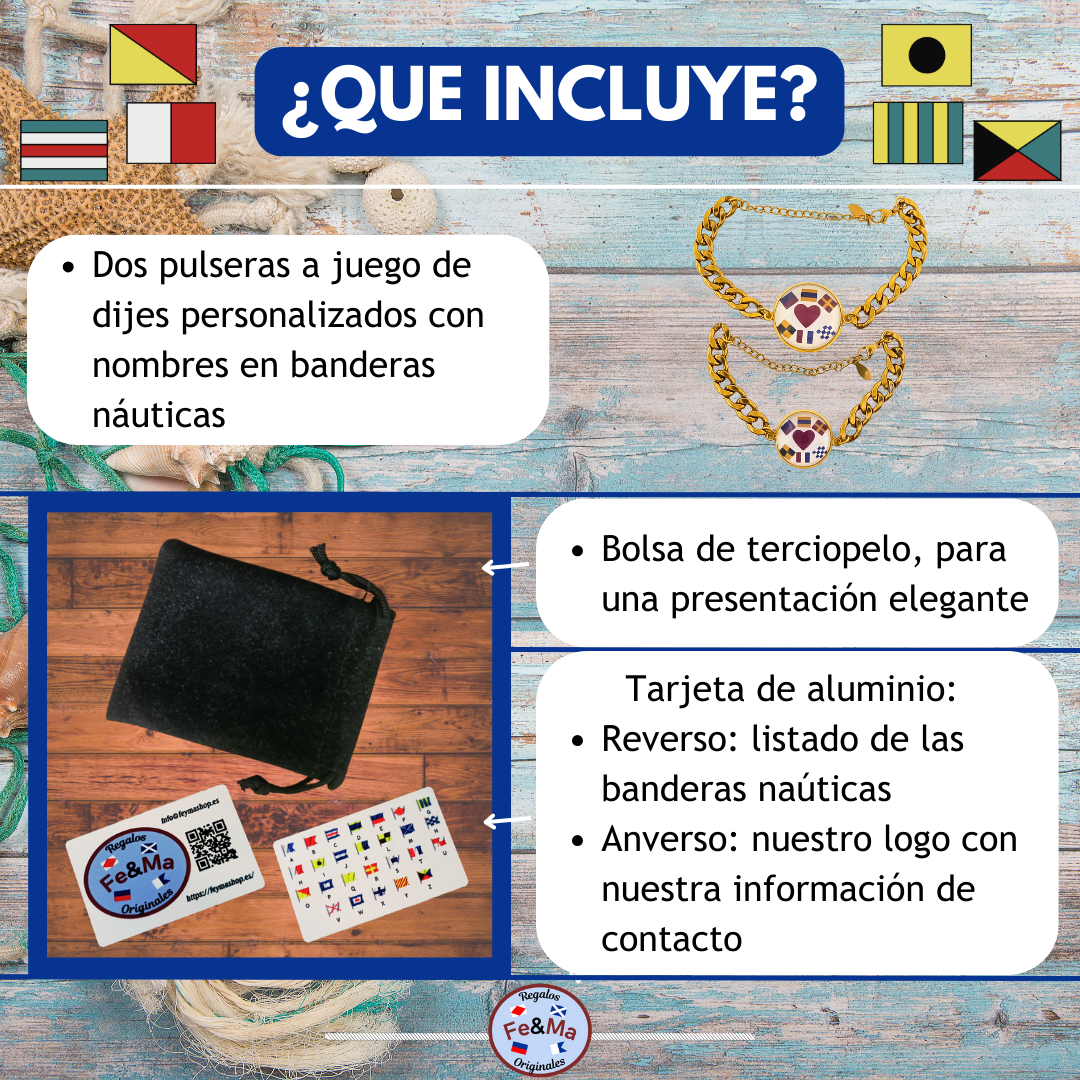 Set de Pulseras Dúo de Medallones Personalizados con Nombres en Banderas Náuticas - Grabado de Iniciales y Corazón