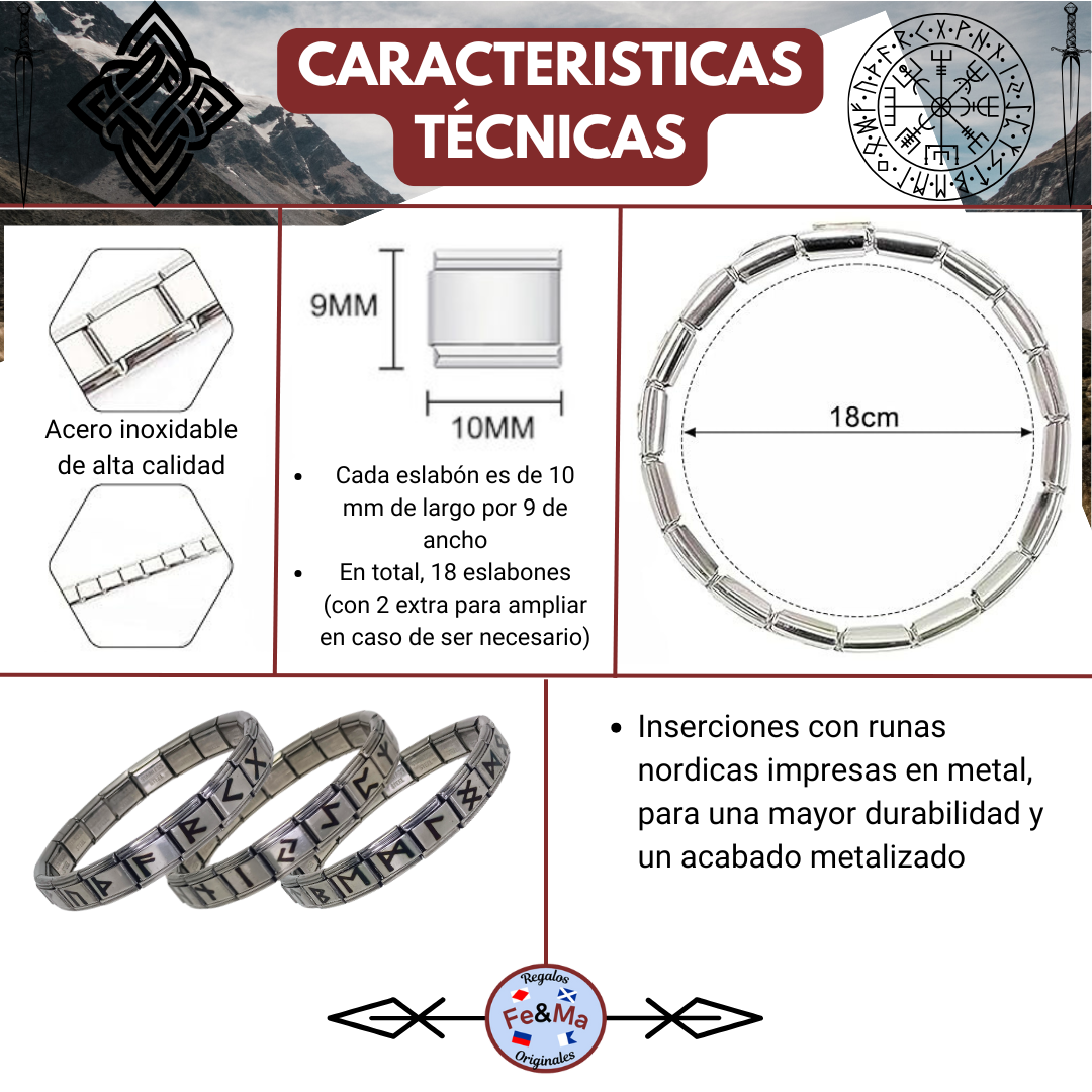 Pulsera Vikinga de Acero Inoxidable con Runas Nórdicas Plateada