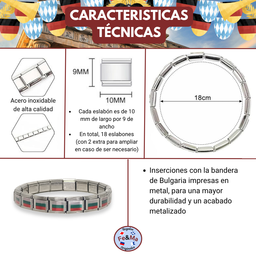 Pulsera con Bandera de Bulgaria – Acero Inoxidable, Regalo Original
