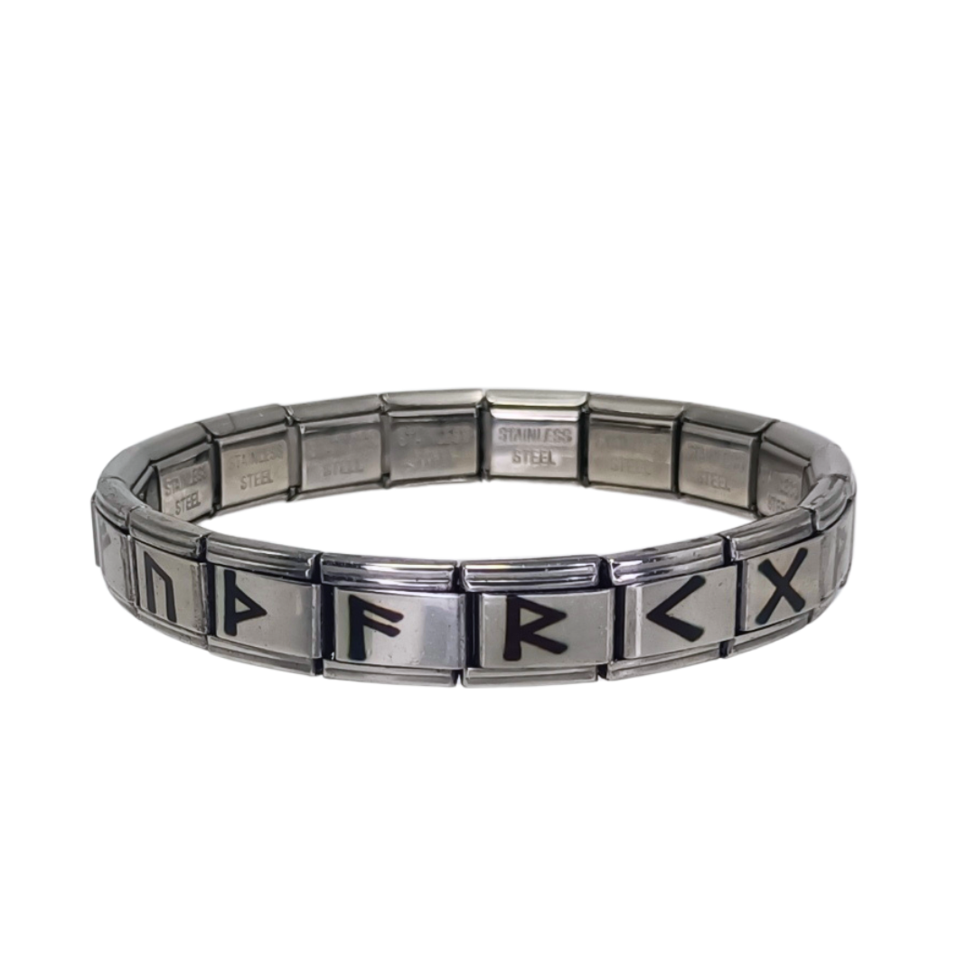 Pulsera Vikinga de Acero Inoxidable con Runas Nórdicas Plateada