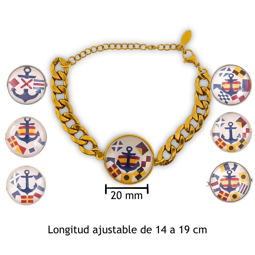 Pulsera Personalizada de eslabones cubanos con Medallón de Nombres en Banderas Náuticas de Acero Inoxidable