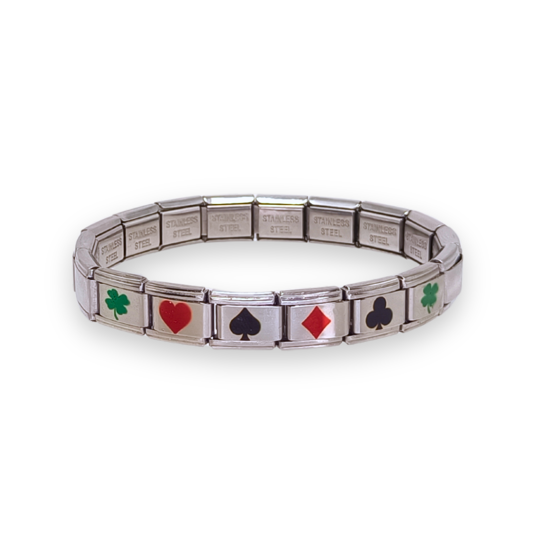 Pulsera de la Buena Suerte en Acero Inoxidable Plateada – Trébol, Corazón, Diamante y Pica
