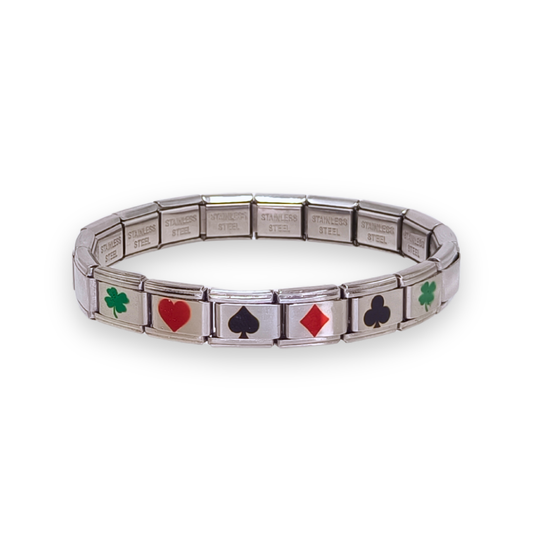 Pulsera de la Buena Suerte en Acero Inoxidable Plateada – Trébol, Corazón, Diamante y Pica