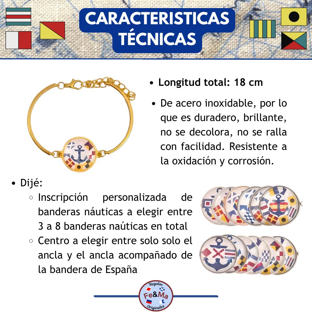 Pulsera Personalizada de Abrazadera con Dijes de Nombres en Banderas Náuticas de Acero Inoxidable