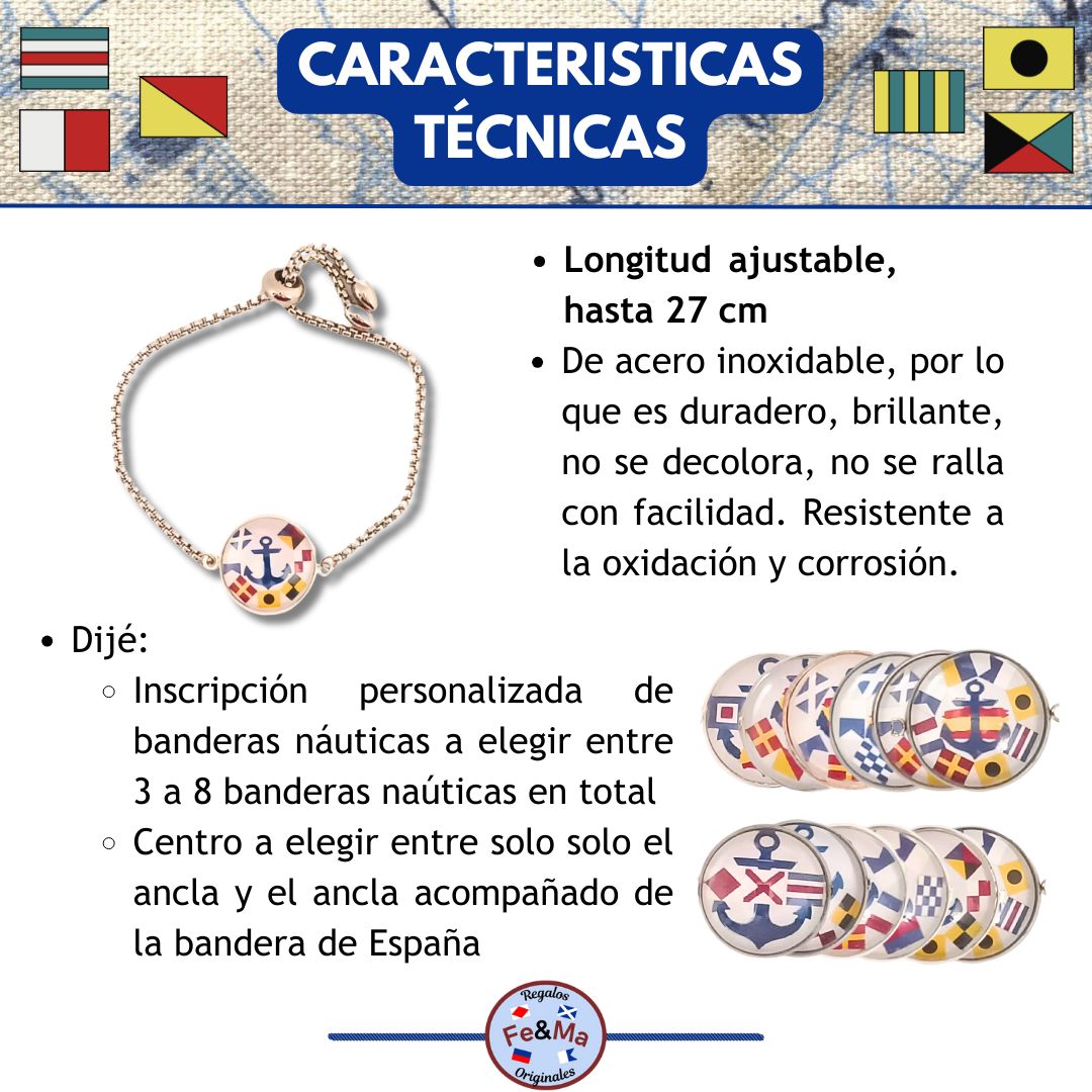 Pulsera Personalizada Bohemia con Medallón de Nombres en Banderas Náuticas de Acero Inoxidable