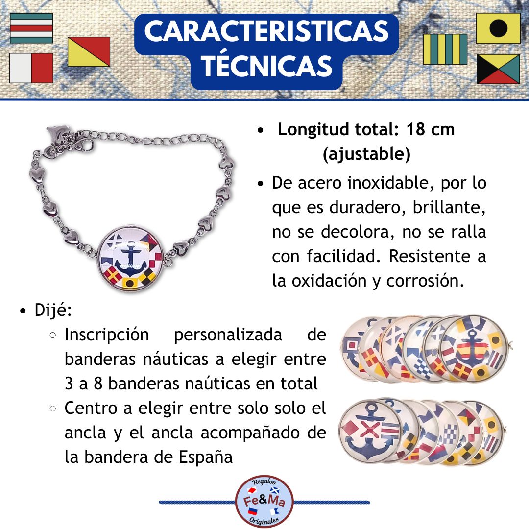 Pulsera Personalizada con Medallón de Nombres en Banderas Náuticas de Acero Inoxidable
