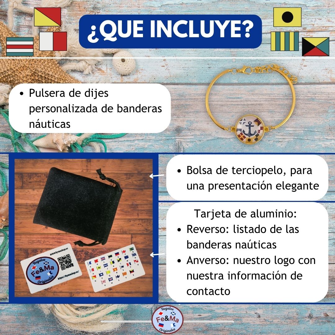 Pulsera Personalizada de Abrazadera con Dijes de Nombres en Banderas Náuticas de Acero Inoxidable