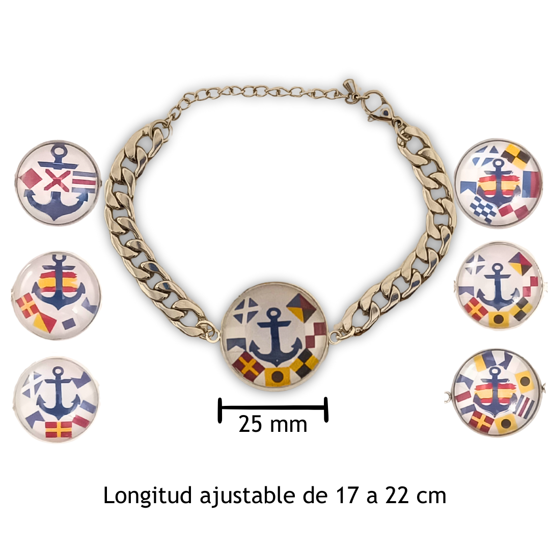 Pulsera Personalizada de eslabones cubanos con Medallón de Nombres en Banderas Náuticas de Acero Inoxidable
