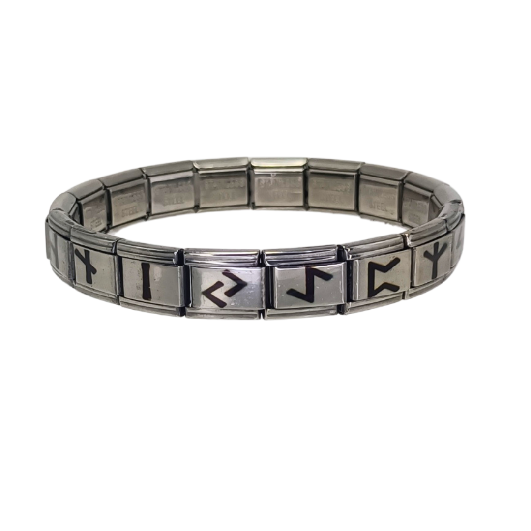 Pulsera Vikinga de Acero Inoxidable con Runas Nórdicas Plateada