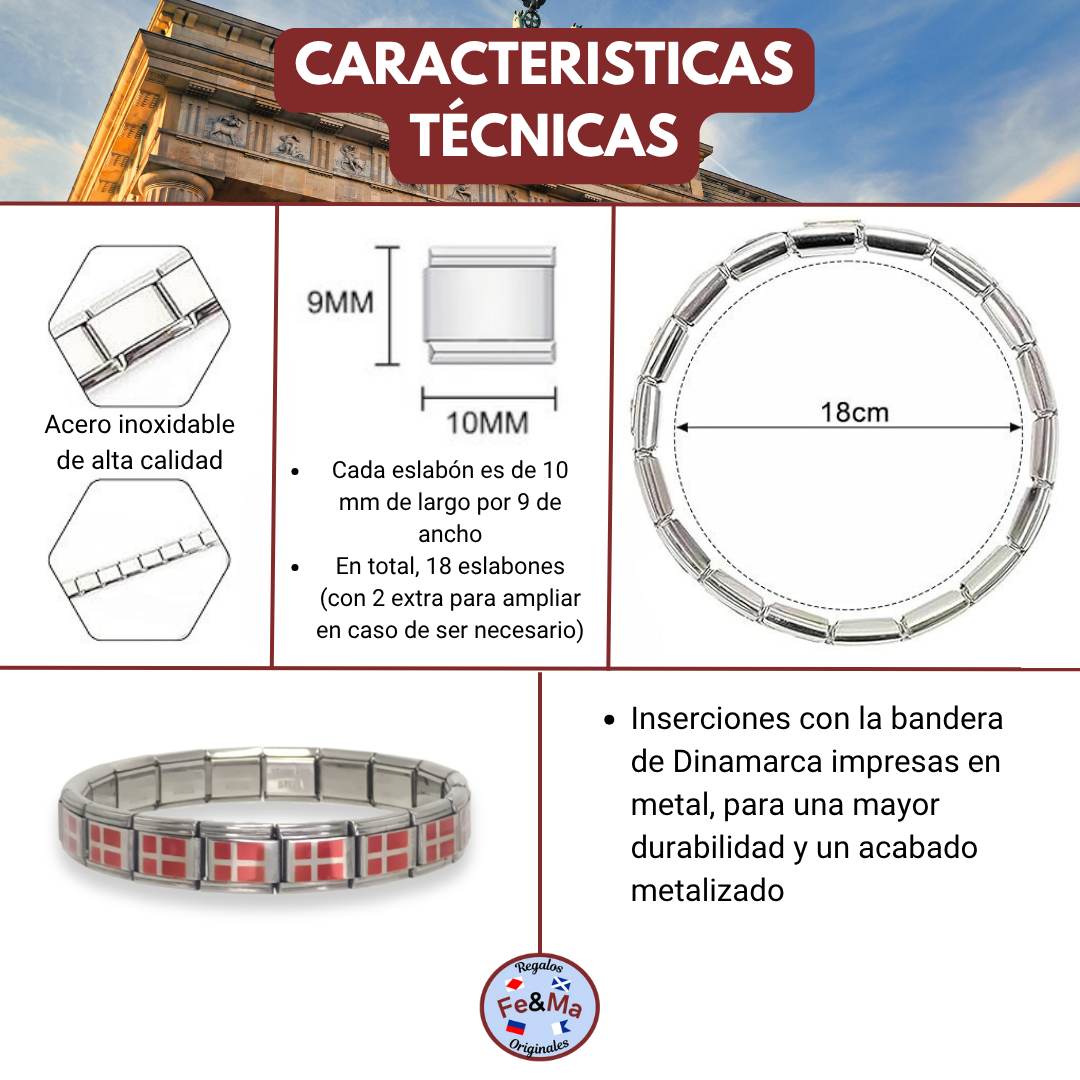 Pulsera con Bandera de Dinamarca – Acero Inoxidable, Regalo Original