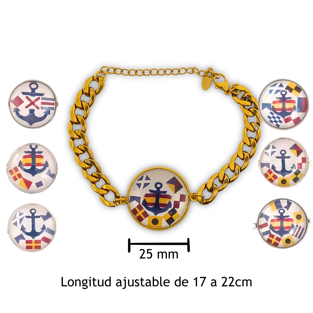 Pulsera Personalizada de eslabones cubanos con Medallón de Nombres en Banderas Náuticas de Acero Inoxidable