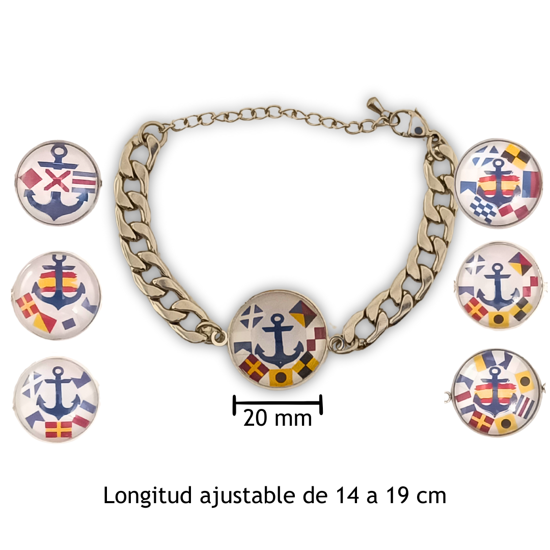 Pulsera Personalizada de eslabones cubanos con Medallón de Nombres en Banderas Náuticas de Acero Inoxidable