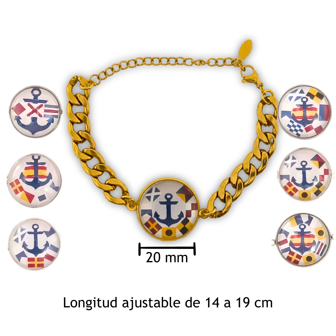 Pulsera Personalizada de eslabones cubanos con Medallón de Nombres en Banderas Náuticas de Acero Inoxidable