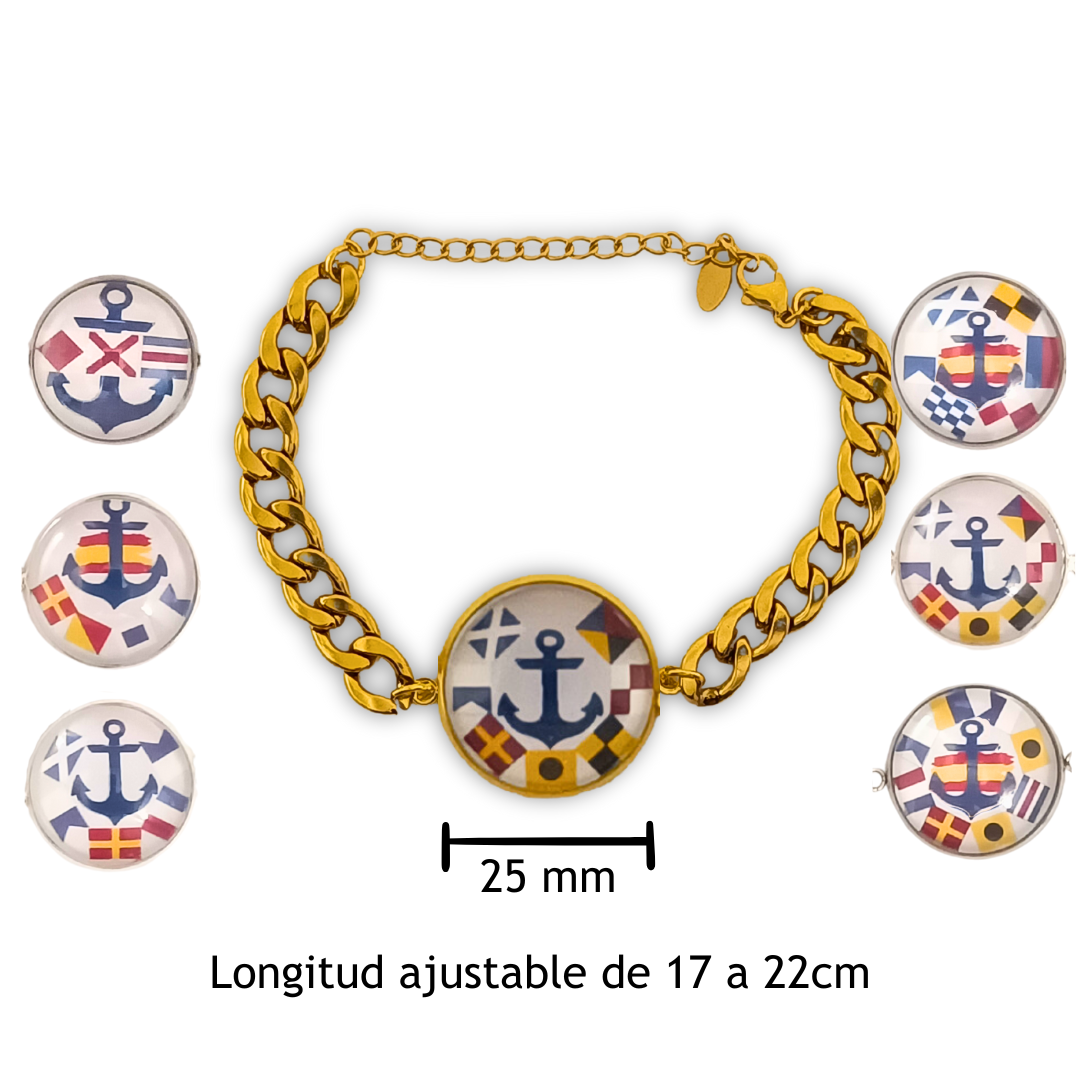 Pulsera Personalizada de eslabones cubanos con Medallón de Nombres en Banderas Náuticas de Acero Inoxidable