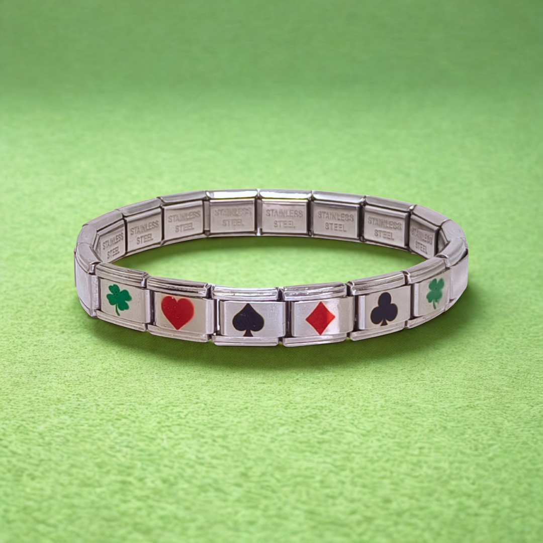 Pulsera de la Buena Suerte en Acero Inoxidable Plateada – Trébol, Corazón, Diamante y Pica