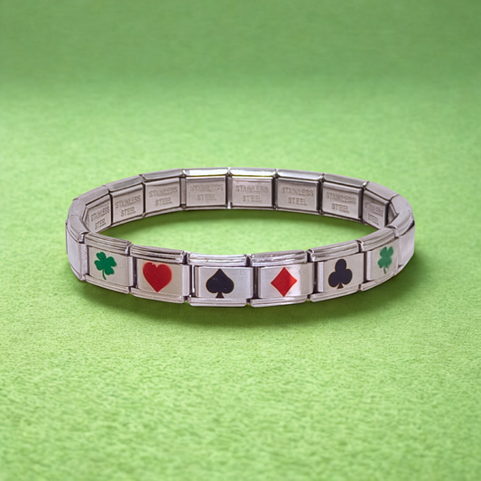 Pulsera de la Buena Suerte en Acero Inoxidable Plateada – Trébol, Corazón, Diamante y Pica