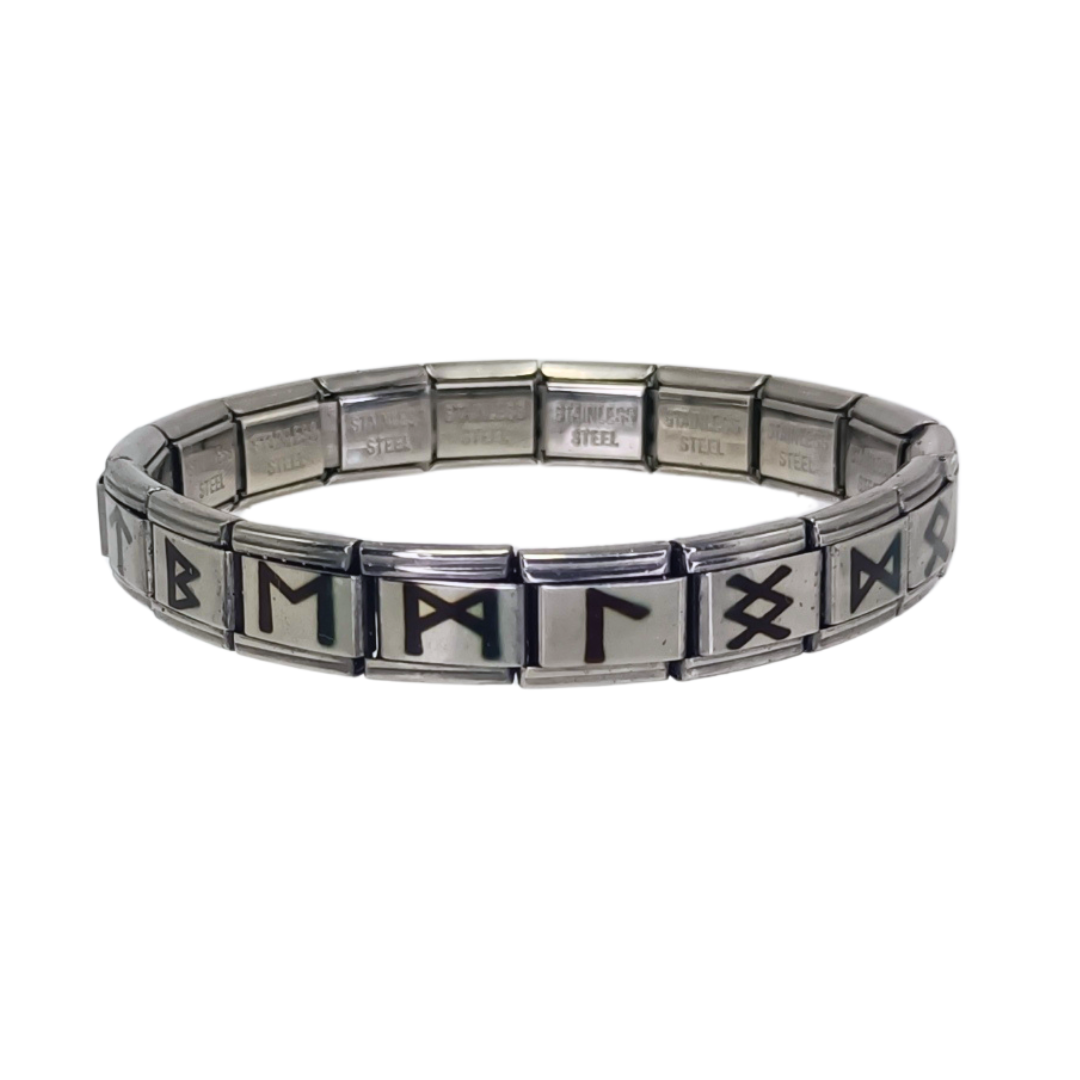 Pulsera Vikinga de Acero Inoxidable con Runas Nórdicas Plateada