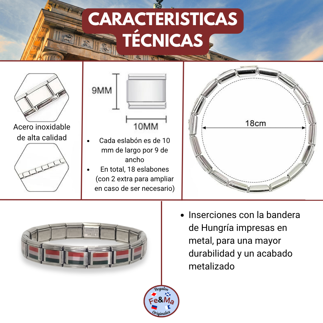 Pulsera con Bandera de Hungría – Acero Inoxidable, Regalo Original