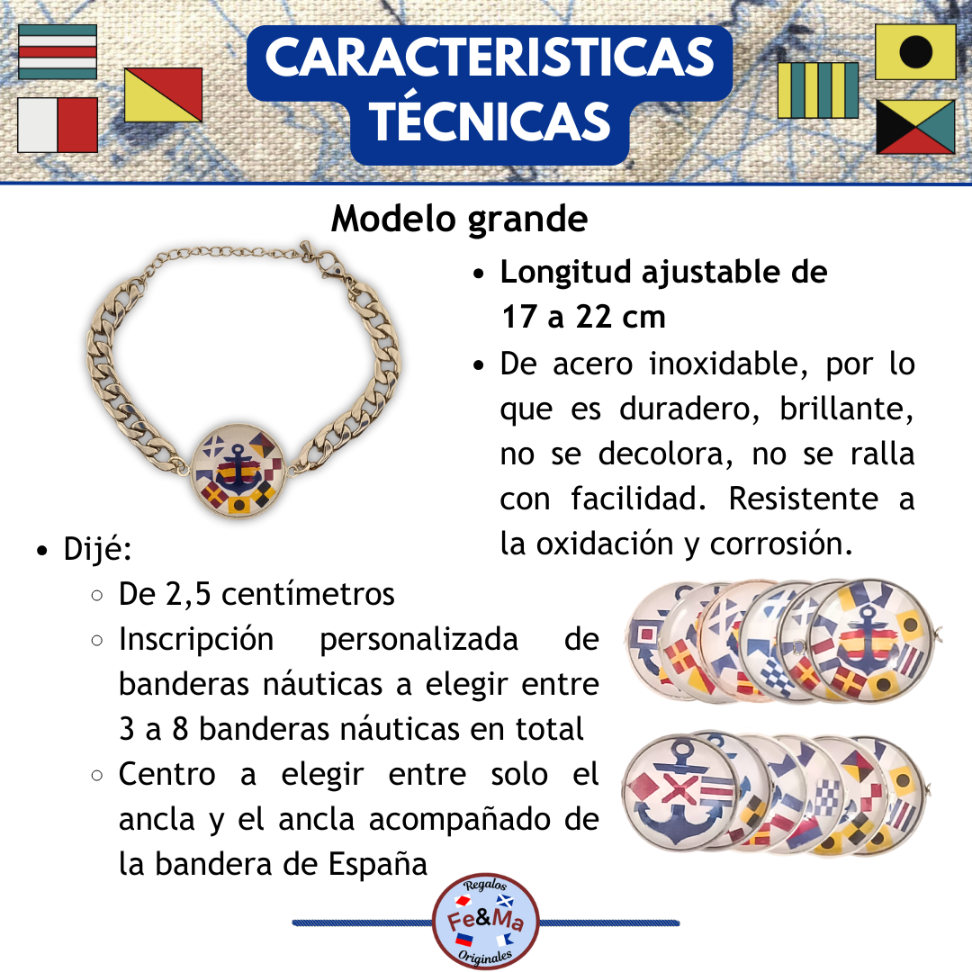 Pulsera Personalizada de eslabones cubanos con Medallón de Nombres en Banderas Náuticas de Acero Inoxidable