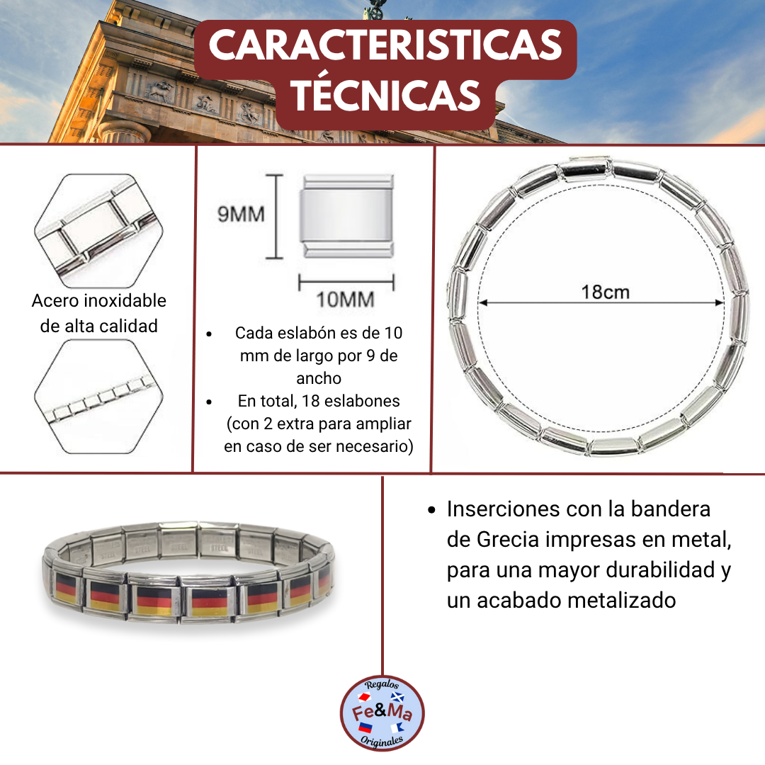 Pulsera con Bandera de Grecia – Acero Inoxidable, Regalo Original