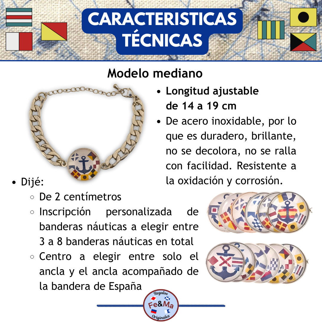 Pulsera Personalizada de eslabones cubanos con Medallón de Nombres en Banderas Náuticas de Acero Inoxidable