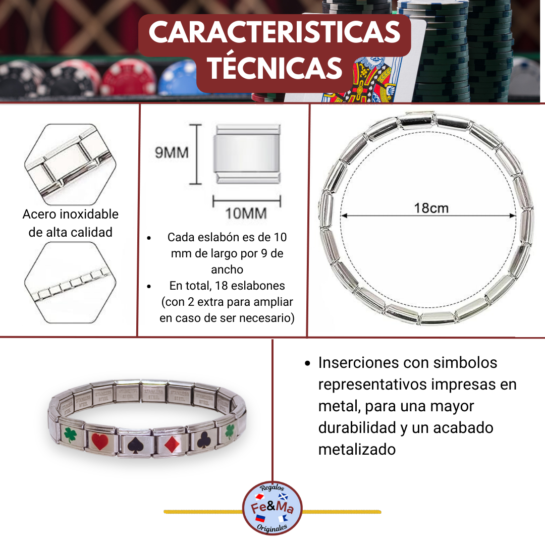 Pulsera de la Buena Suerte en Acero Inoxidable Plateada – Trébol, Corazón, Diamante y Pica
