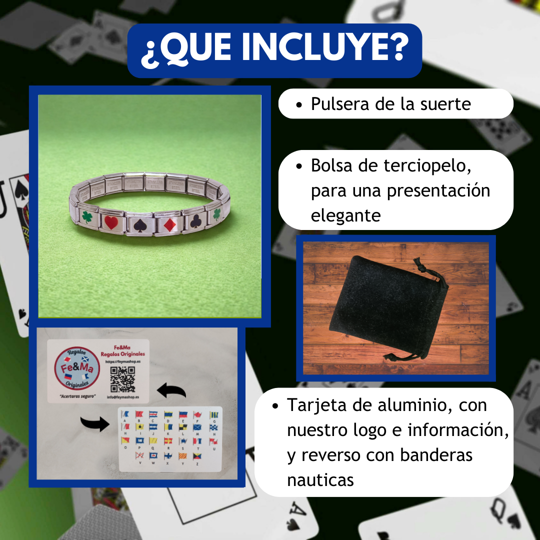 Pulsera de la Buena Suerte en Acero Inoxidable Plateada – Trébol, Corazón, Diamante y Pica
