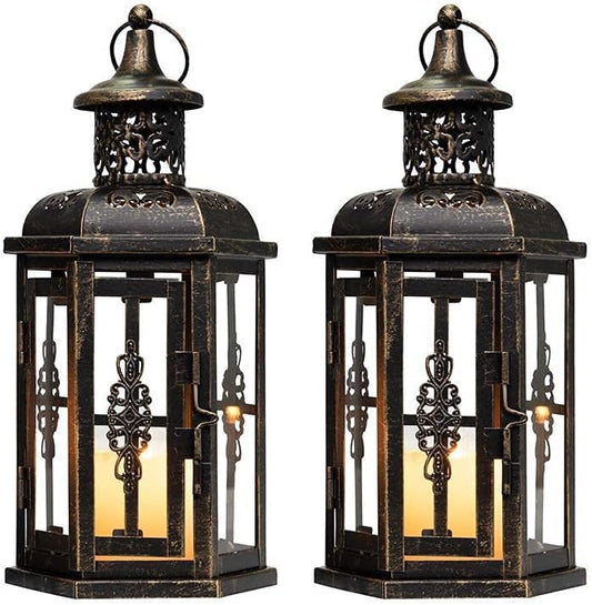 Juego de 2 farolillos Decorativos de 25,4 cm de Altura, de Estilo Vintage, portavelas de Metal Negro con Cepillo Dorado