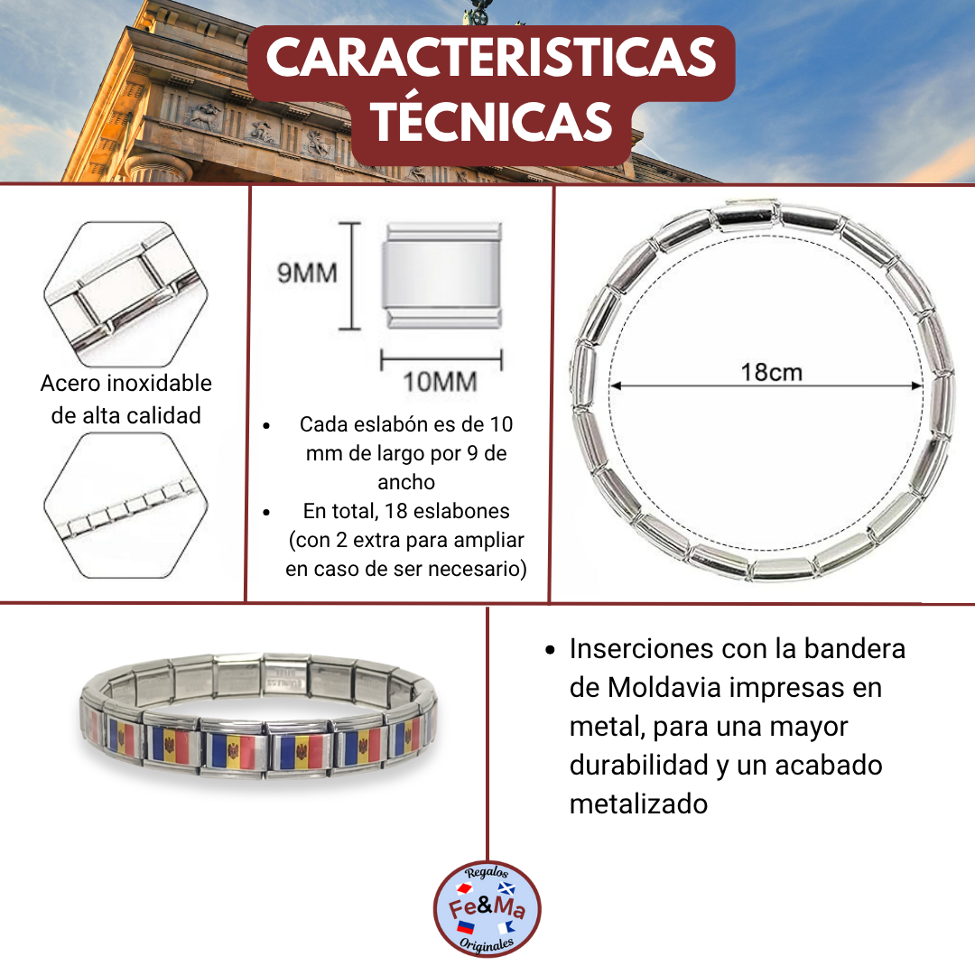 Pulsera con Bandera de Moldavia – Acero Inoxidable, Regalo Original