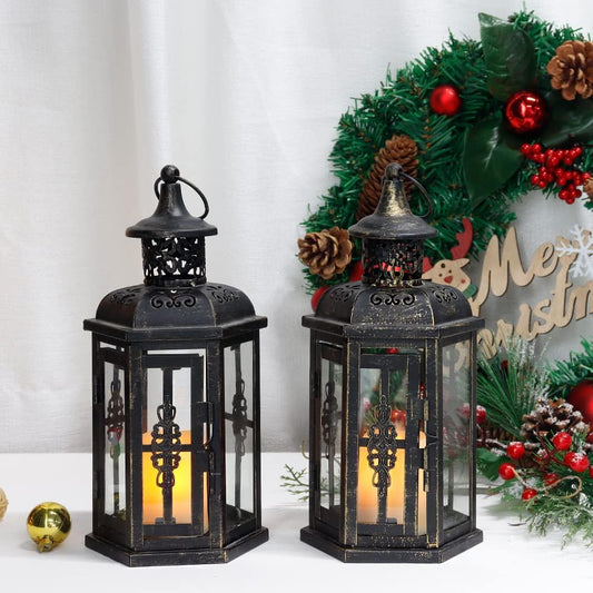 Juego de 2 farolillos Decorativos de 25,4 cm de Altura, de Estilo Vintage, portavelas de Metal Negro con Cepillo Dorado