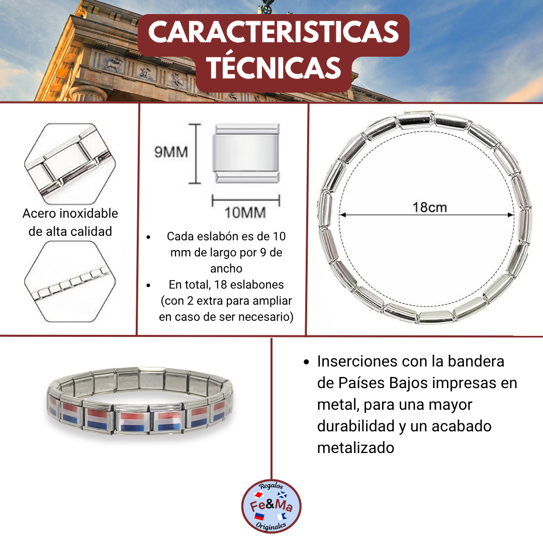 Pulsera con Bandera de Países Bajos – Acero Inoxidable, Regalo Original