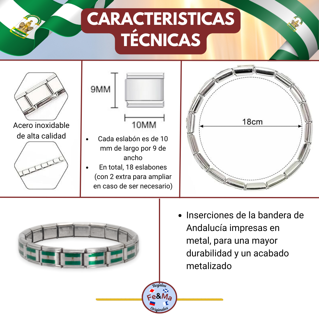 Pulsera con Bandera de Andalucía – Acero Inoxidable, Regalo Original de Comunidad Autónoma