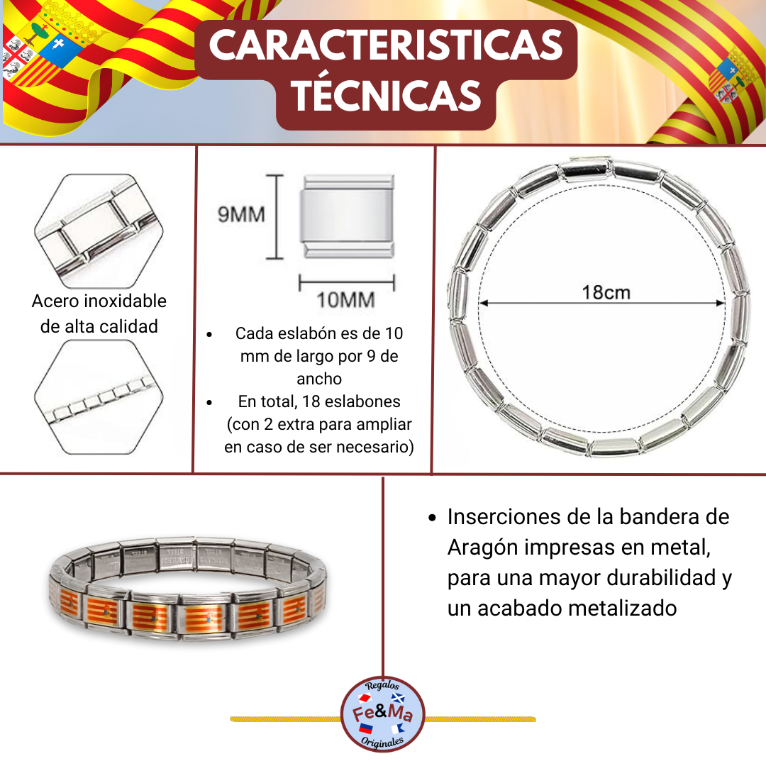 Pulsera con Bandera de Aragón – Acero Inoxidable, Regalo Original de Comunidad Autónoma