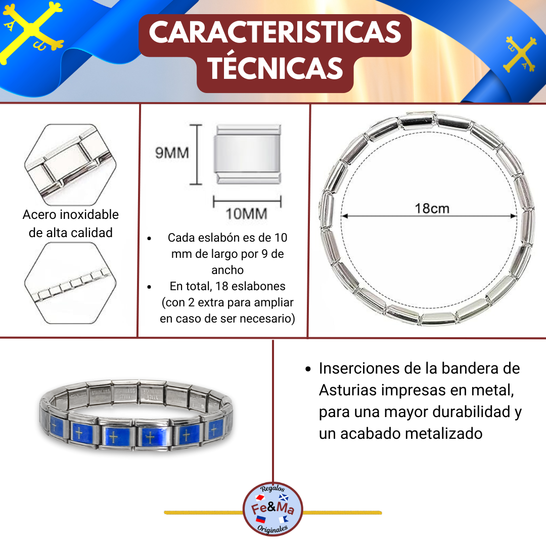 Pulsera con Bandera de Asturias – Acero Inoxidable, Regalo Original de Comunidad Autónoma