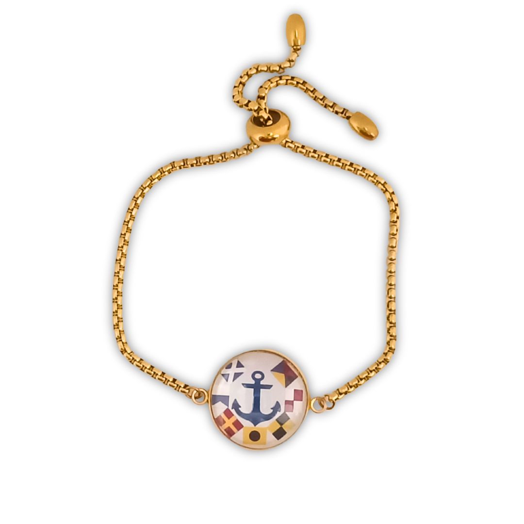 Pulsera Personalizada Bohemia con Medallón de Nombres en Banderas Náuticas de Acero Inoxidable