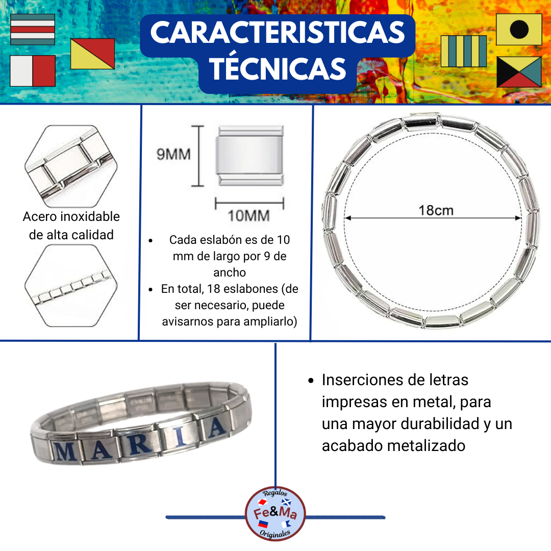 Pulsera Personalizada de nombres en Letras en eslabones de acero inoxidable