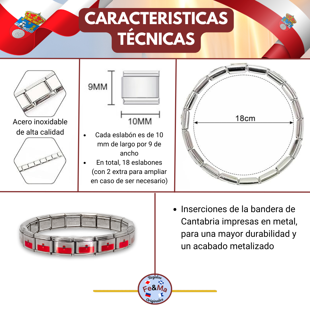 Pulsera con Bandera de Cantabria – Acero Inoxidable, Regalo Original de Comunidad Autónoma