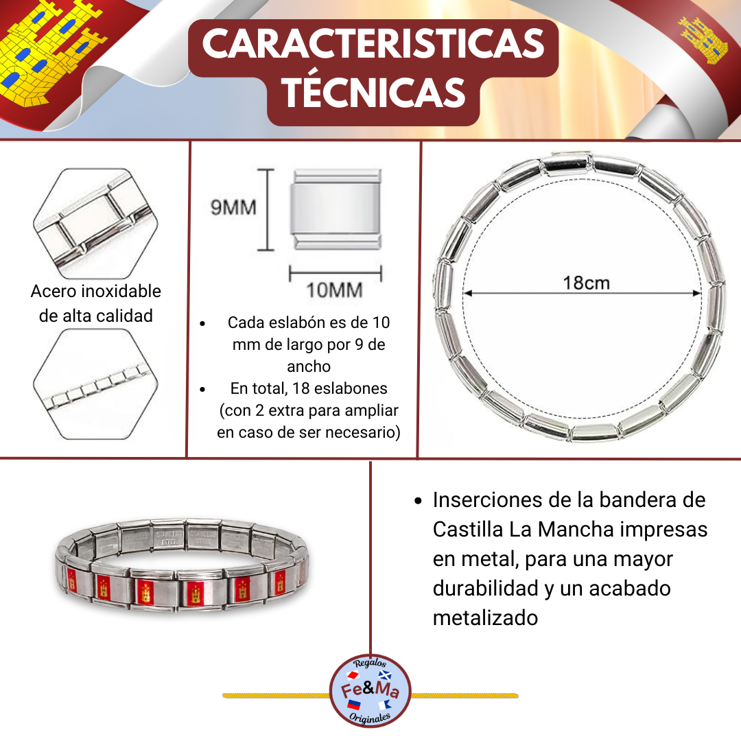 Pulsera con Bandera de Castilla-La Mancha – Acero Inoxidable, Regalo Original de Comunidad Autónoma