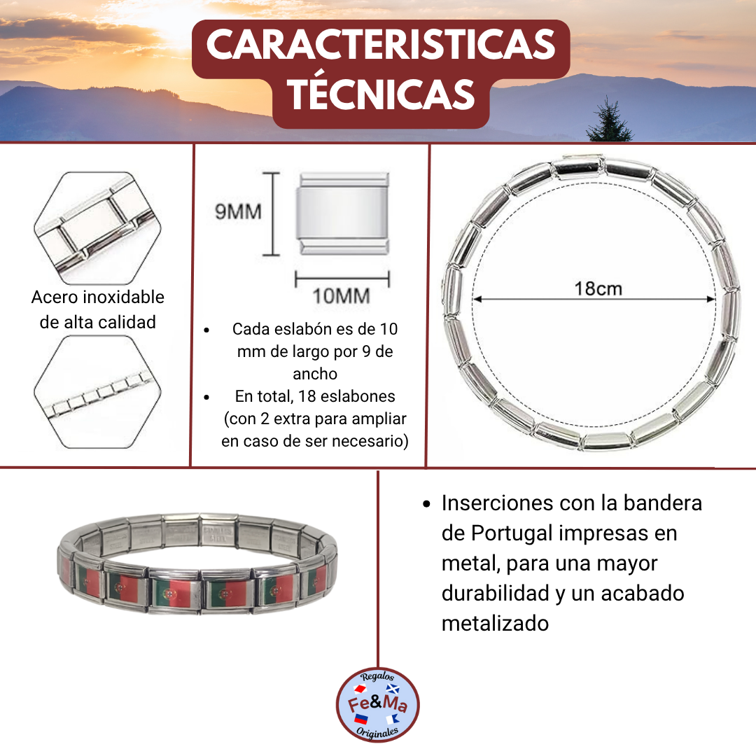 Pulsera con Bandera de Portugal – Acero Inoxidable, Regalo Original