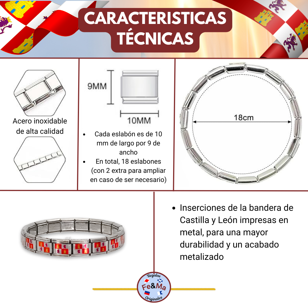 Pulsera con Bandera de Castilla y León – Acero Inoxidable, Regalo Original de Comunidad Autónoma