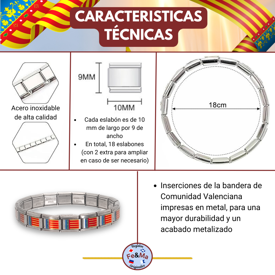 Pulsera con Bandera de Comunidad Valenciana – Acero Inoxidable, Regalo Original de Comunidad Autónoma