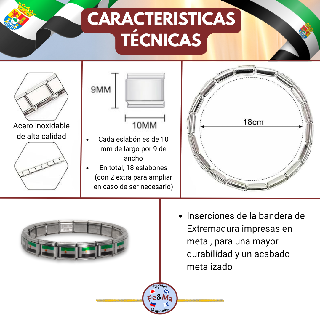 Pulsera con Bandera de Extremadura – Acero Inoxidable, Regalo Original de Comunidad Autónoma