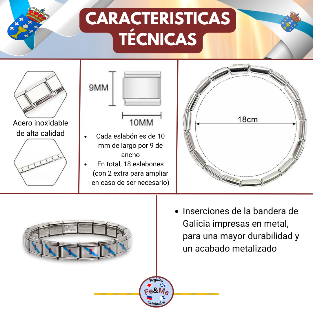 Pulsera con Bandera de Galicia – Acero Inoxidable, Regalo Original de Comunidad Autónoma