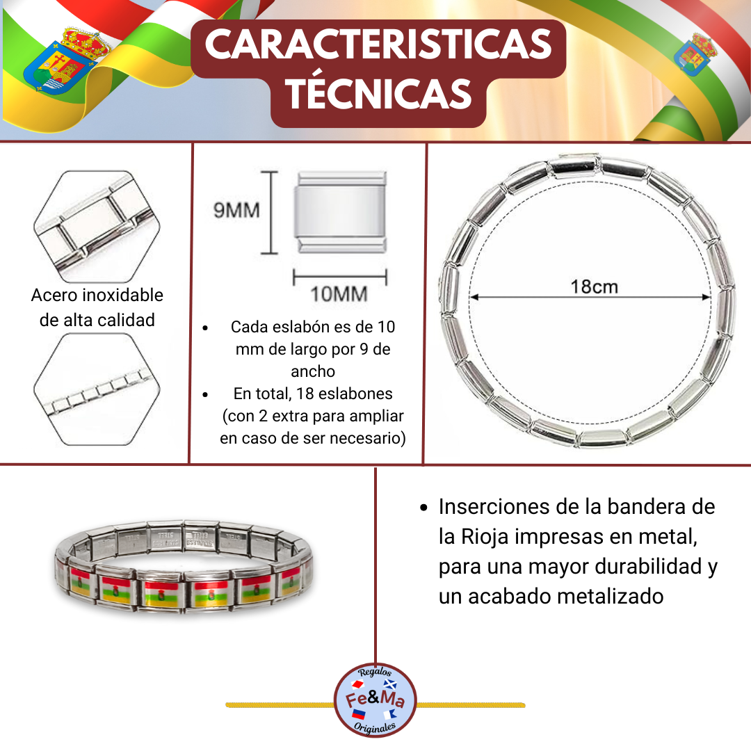 Pulsera con Bandera de La Rioja – Acero Inoxidable, Regalo Original de Comunidad Autónoma