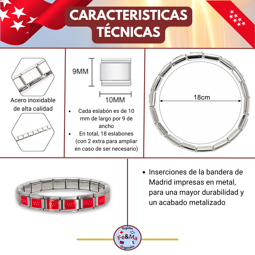 Pulsera con Bandera de Madrid – Acero Inoxidable, Regalo Original de Comunidad Autónoma