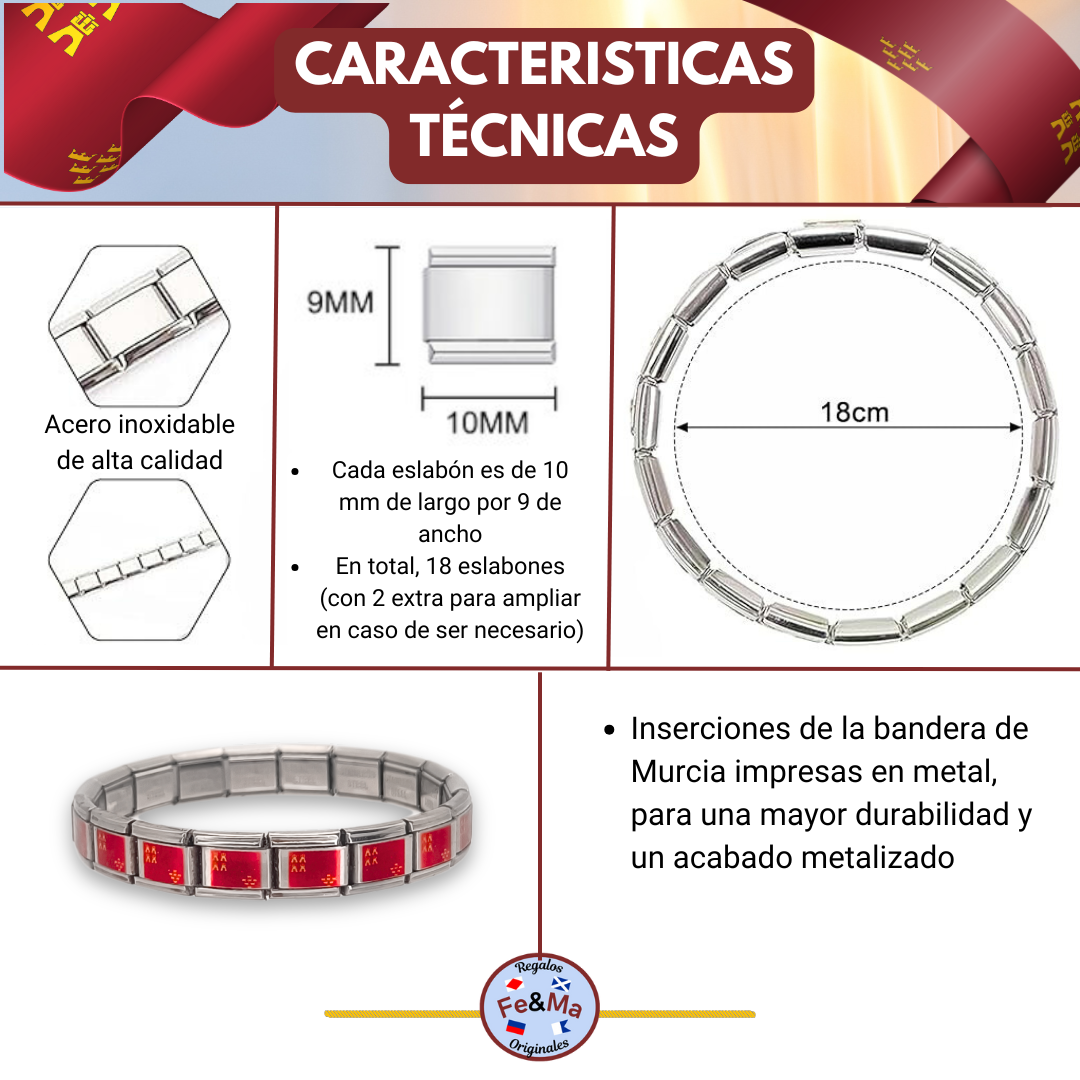 Pulsera con Bandera de Murcia – Acero Inoxidable, Regalo Original de Comunidad Autónoma