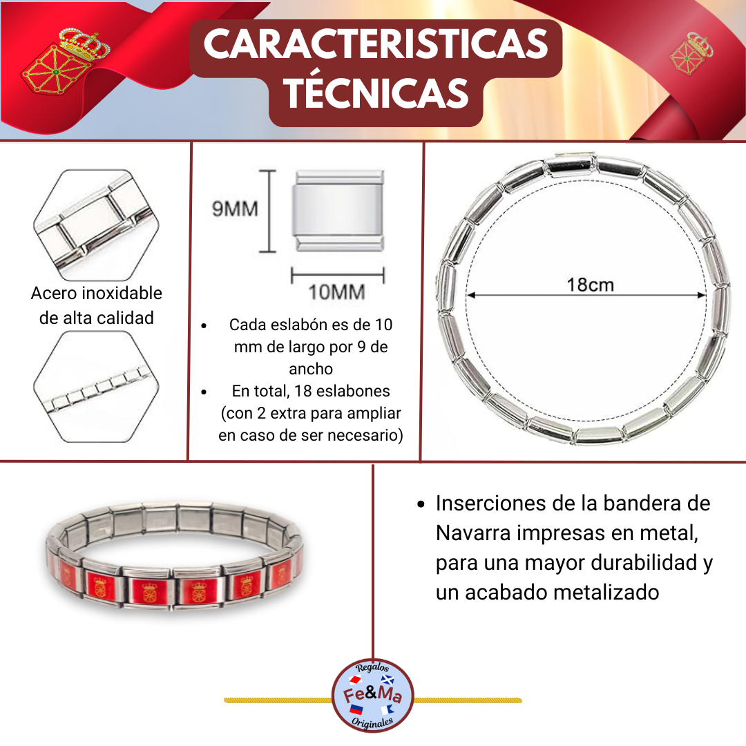 Pulsera con Bandera de Navarra – Acero Inoxidable, Regalo Original de Comunidad Autónoma